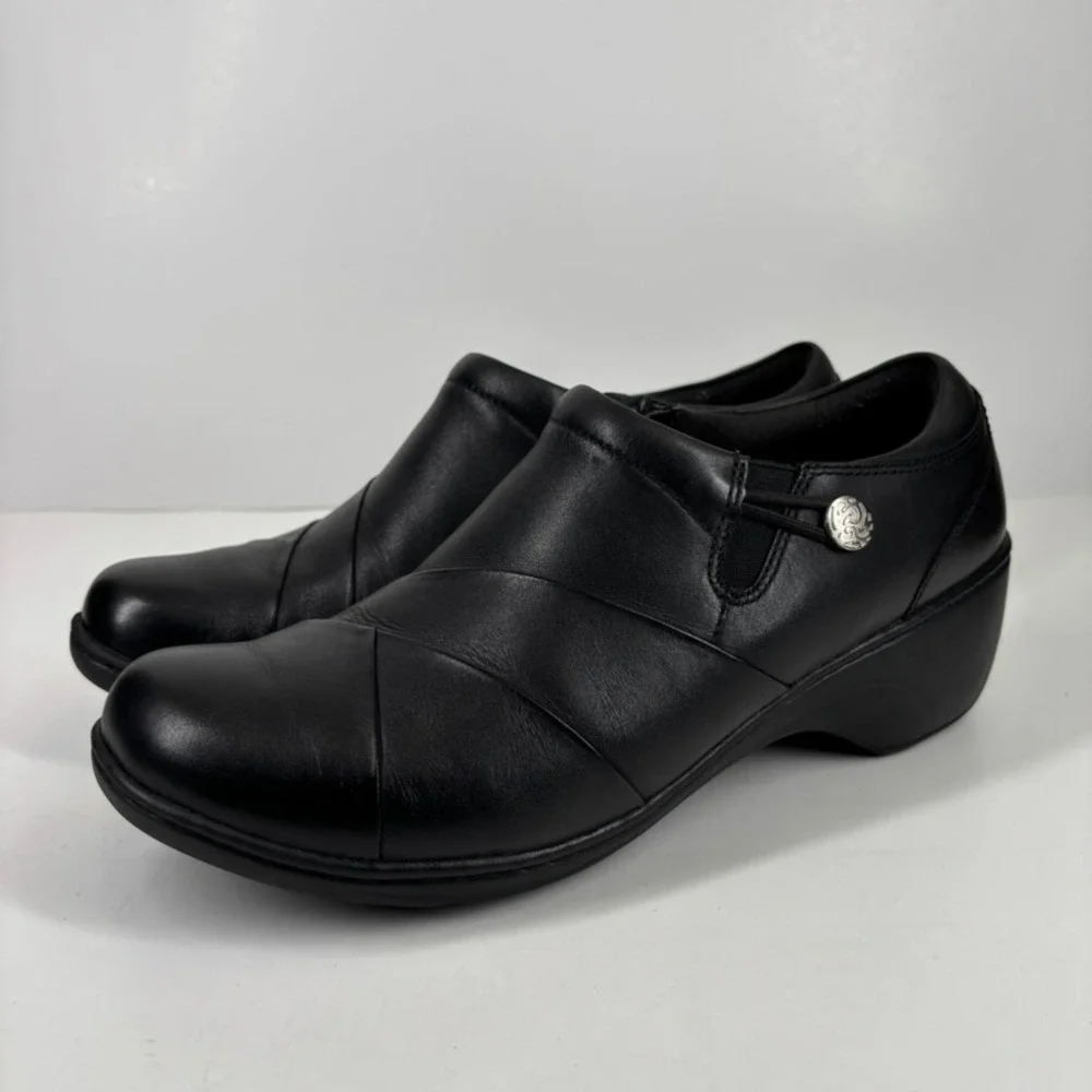 Clarks Channing Ann Women's US 11W Black Leather Comfort‎ Slip-On Wedge Loafers
